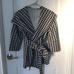 Houndstooth hooded wrap sweater